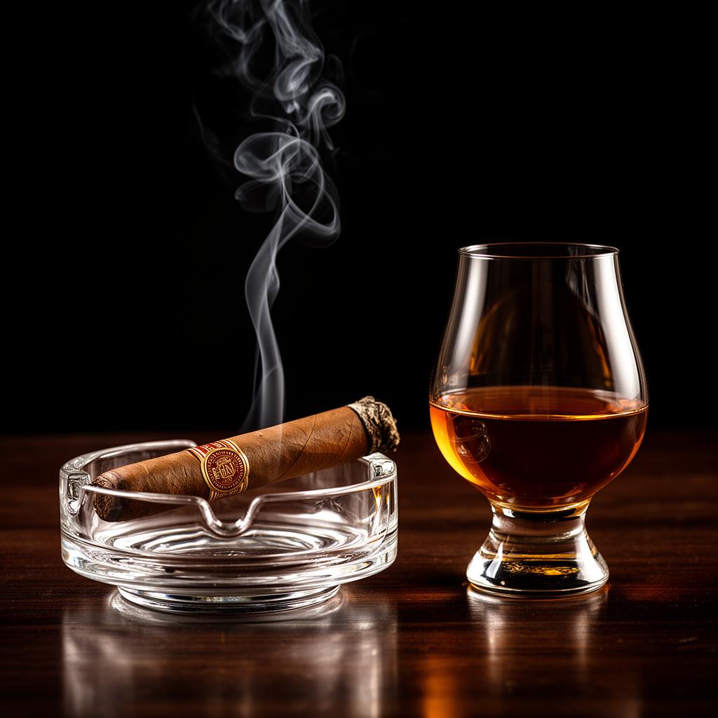A premium cigar resting on a crystal ashtray beside a Glencairn of bourbon